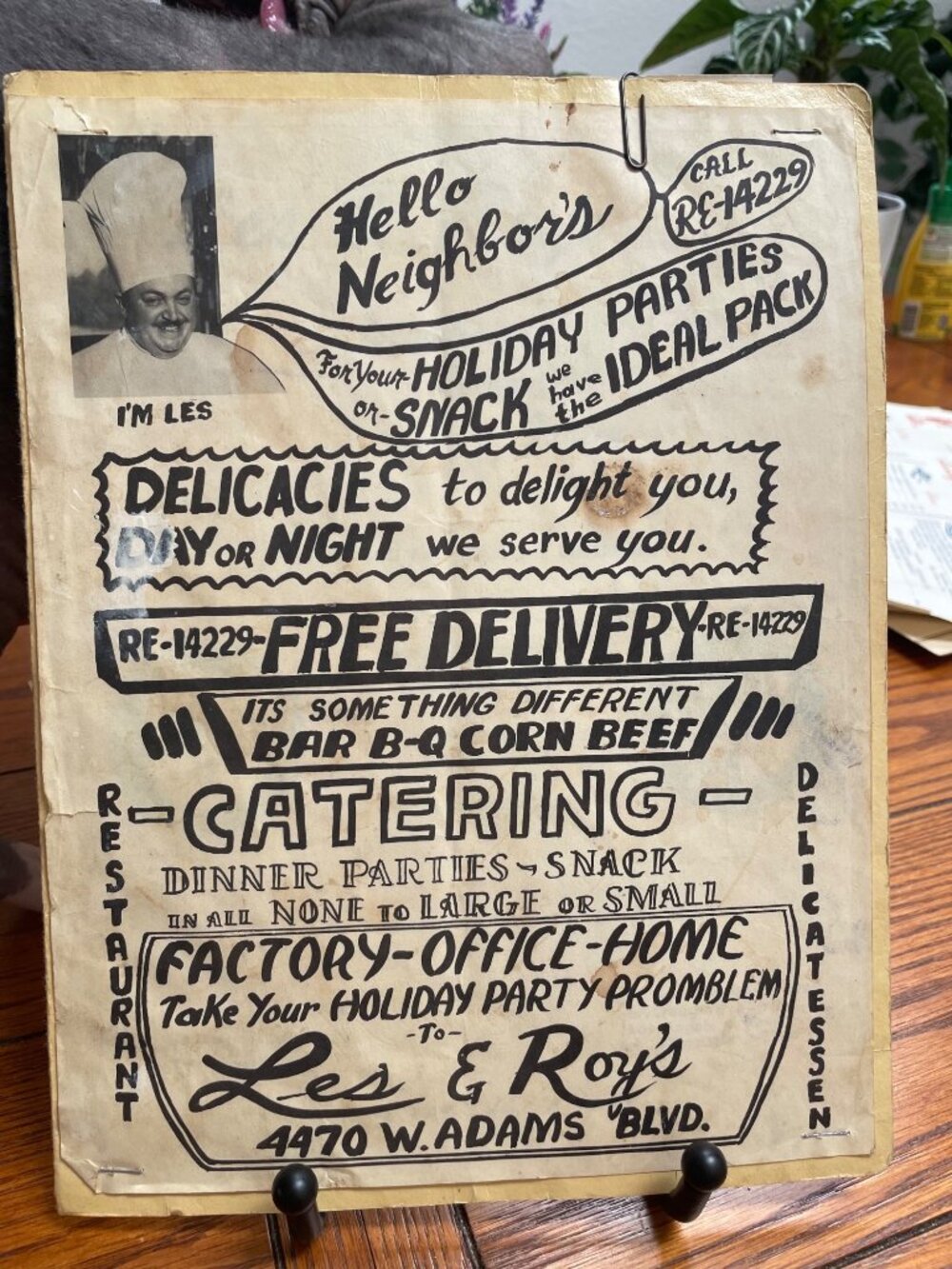 Vintage Les & Roys Delicatessen Catering Menu 4470 W. Adams Bar-B-Q Corned Beef